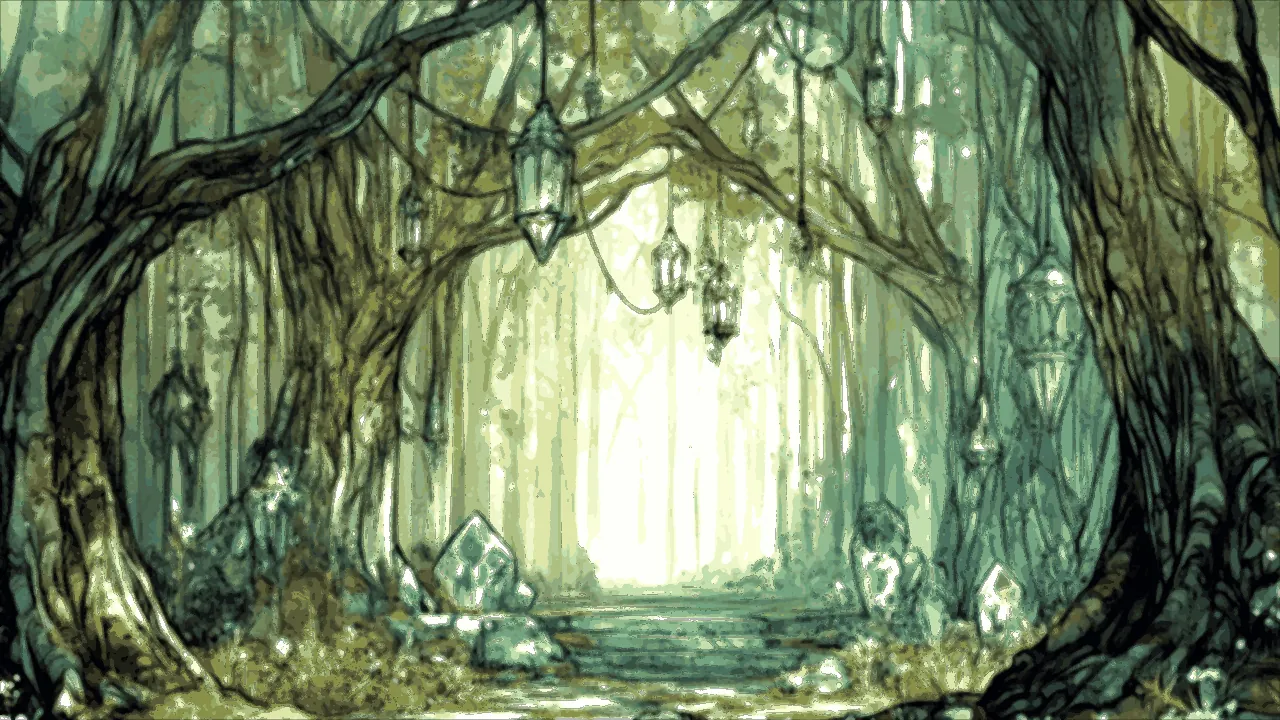 A glowing door in an ancient hollow tree deep in the enchanted forest