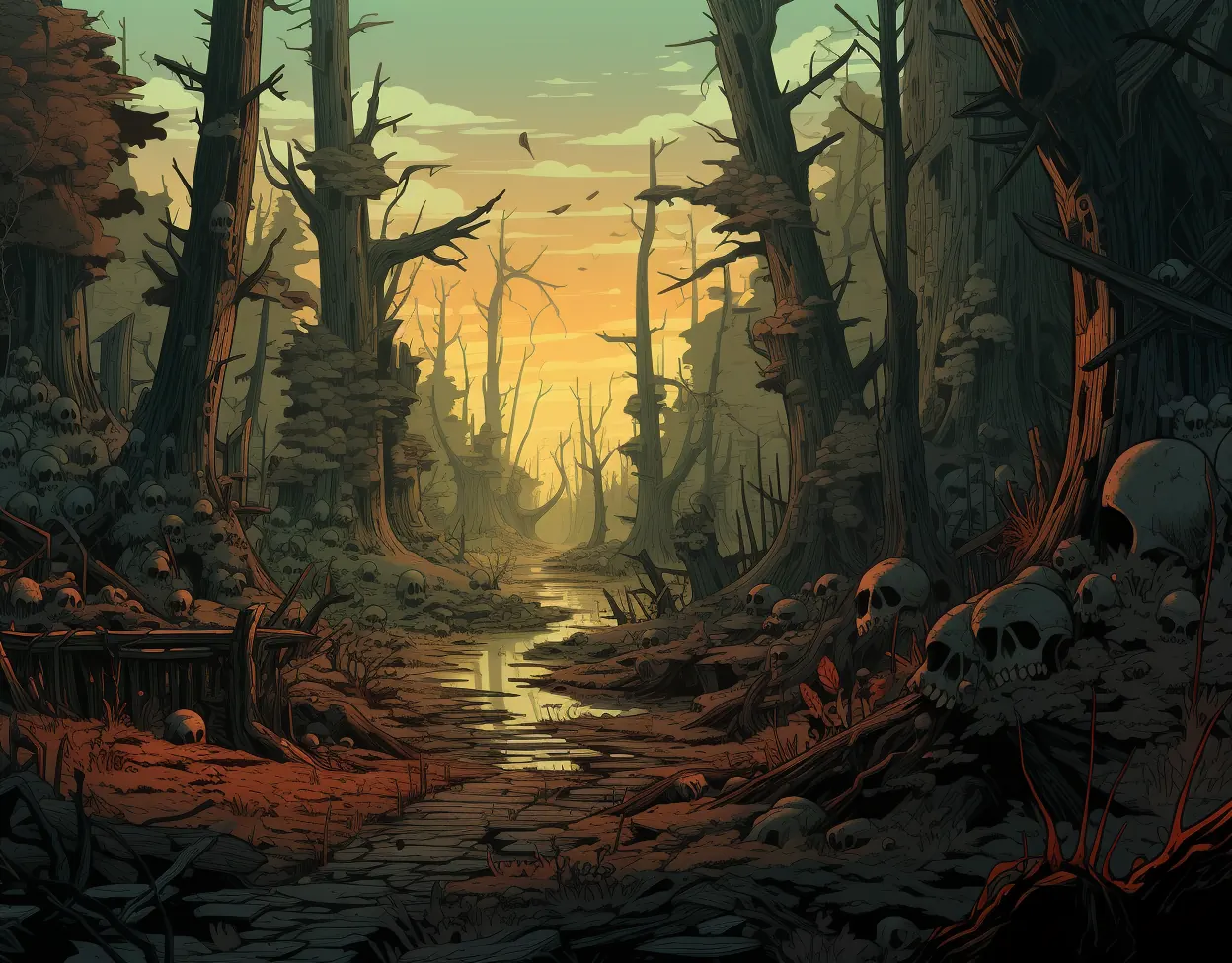 An autumn woodland path winding into the enchanted forest of the Gnome Woodlands