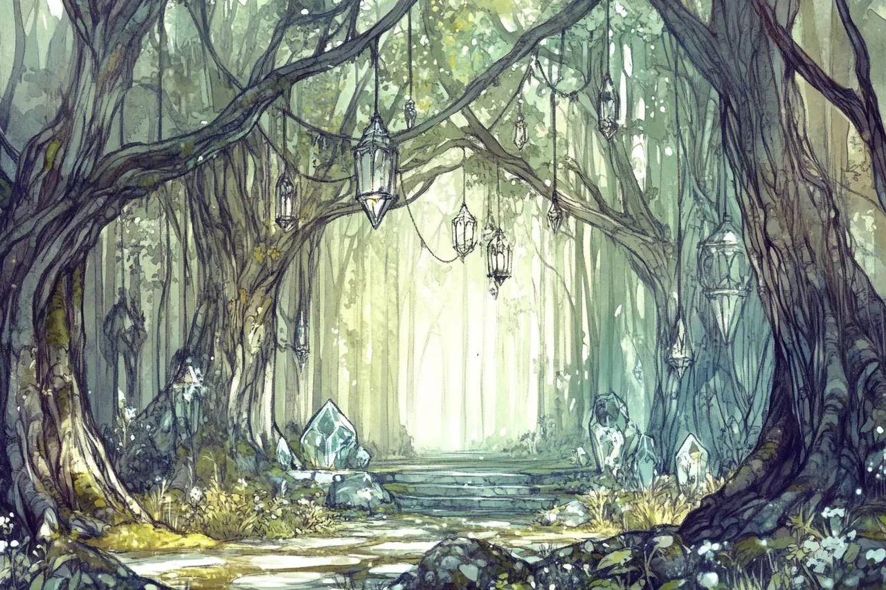 A lantern-lit grove at dusk