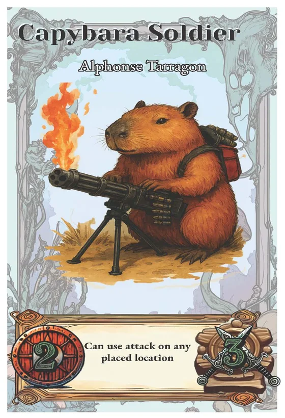 Capybara Soldier card — Alphonzo Thorogum with a berry launcher