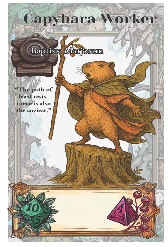 Capybara Worker card standing on a stump